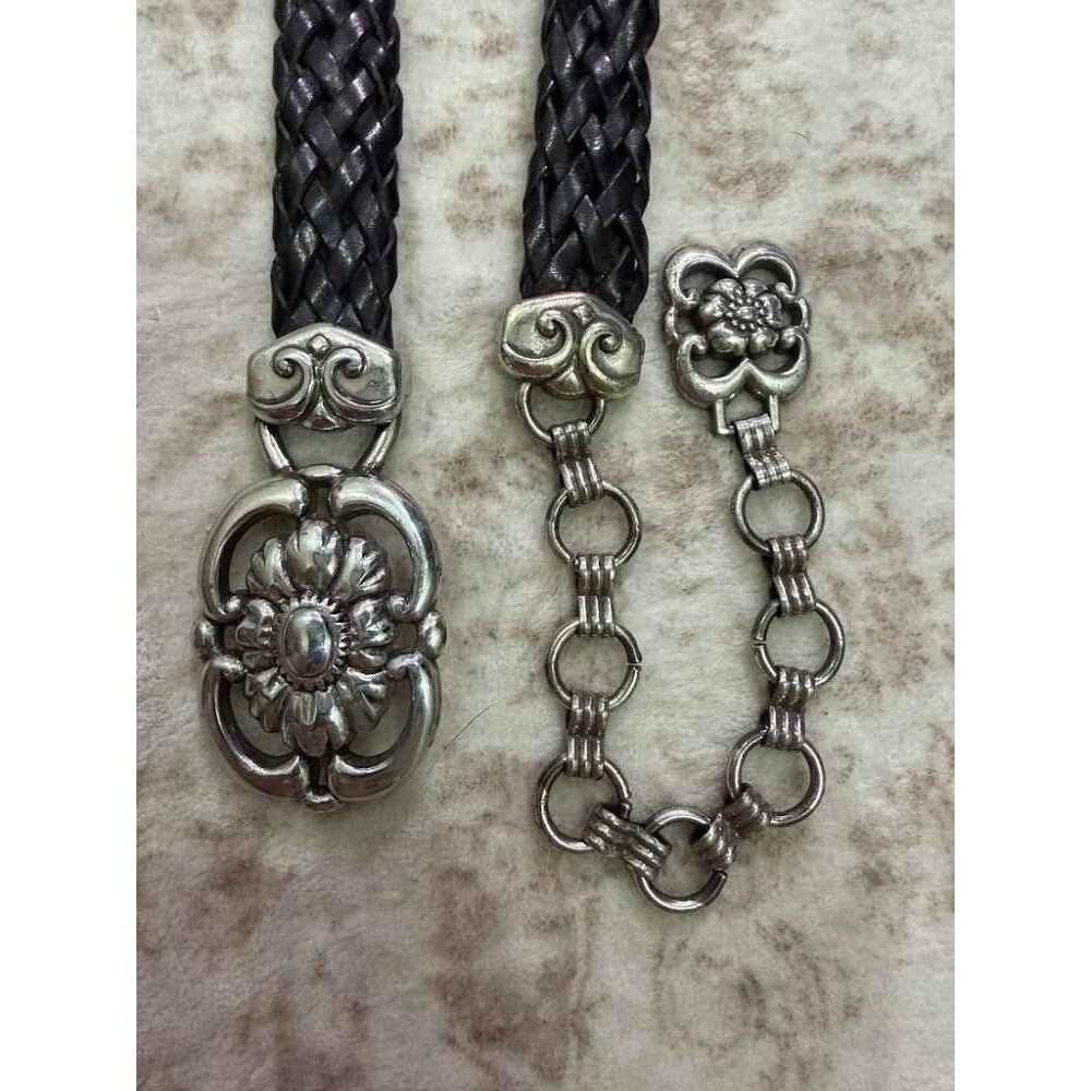 VTG Brighton Braided Black Leather Silver Floral Multi Station Belt 32"-42"